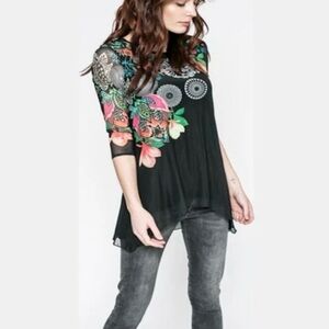NWT DESIGUAL Floral Tunic Top Black Mesh Sz L Tall US Embellished Boho Artsy